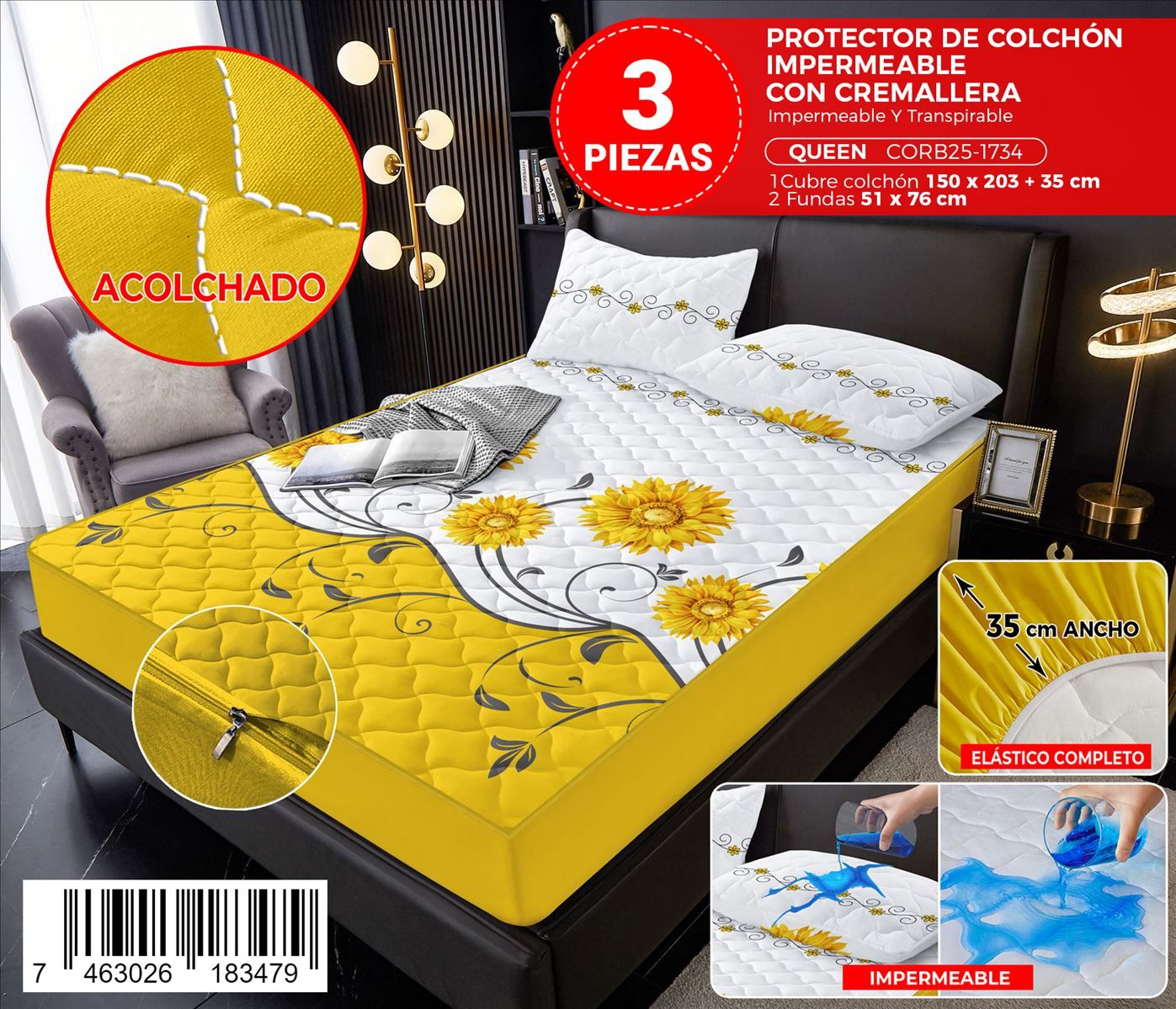 Protector de colchón estampado con zipper de 3 piezas Queen