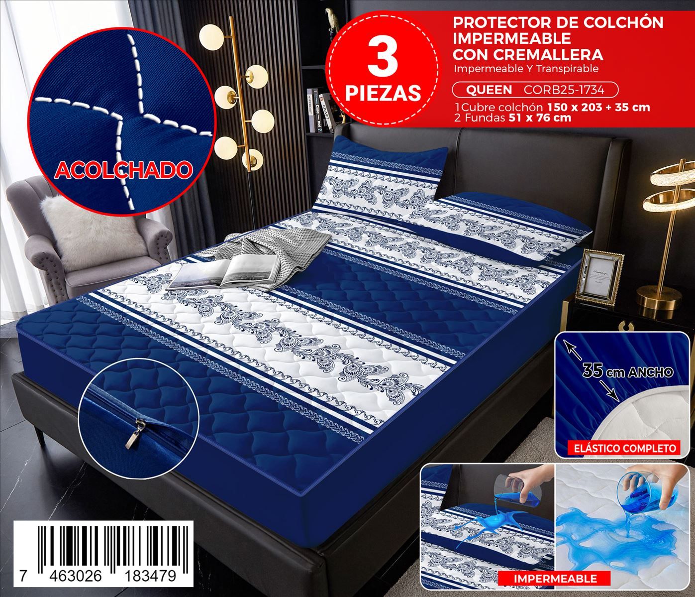 Protector de colchón estampado con zipper de 3 piezas Queen - Imagen 2