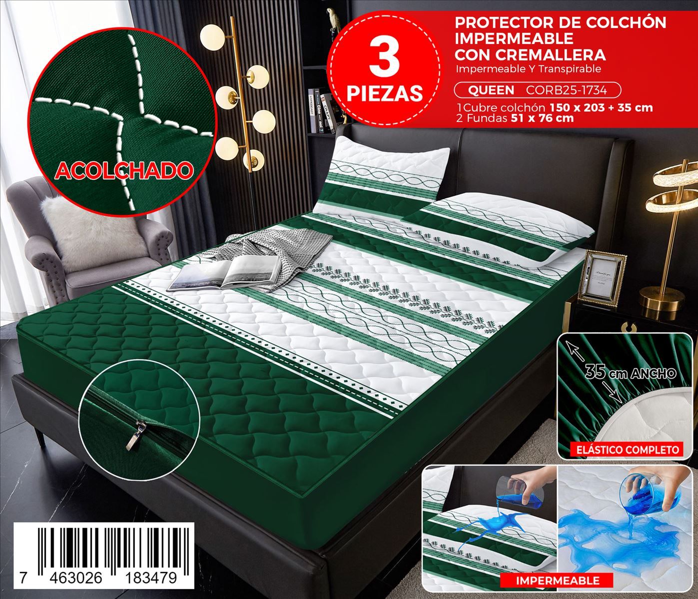 Protector de colchón estampado con zipper de 3 piezas Queen - Imagen 3