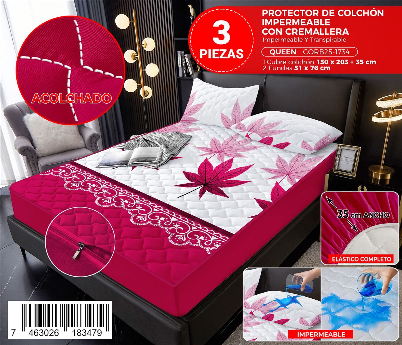 Protector de colchón estampado con zipper de 3 piezas Queen - Imagen 5