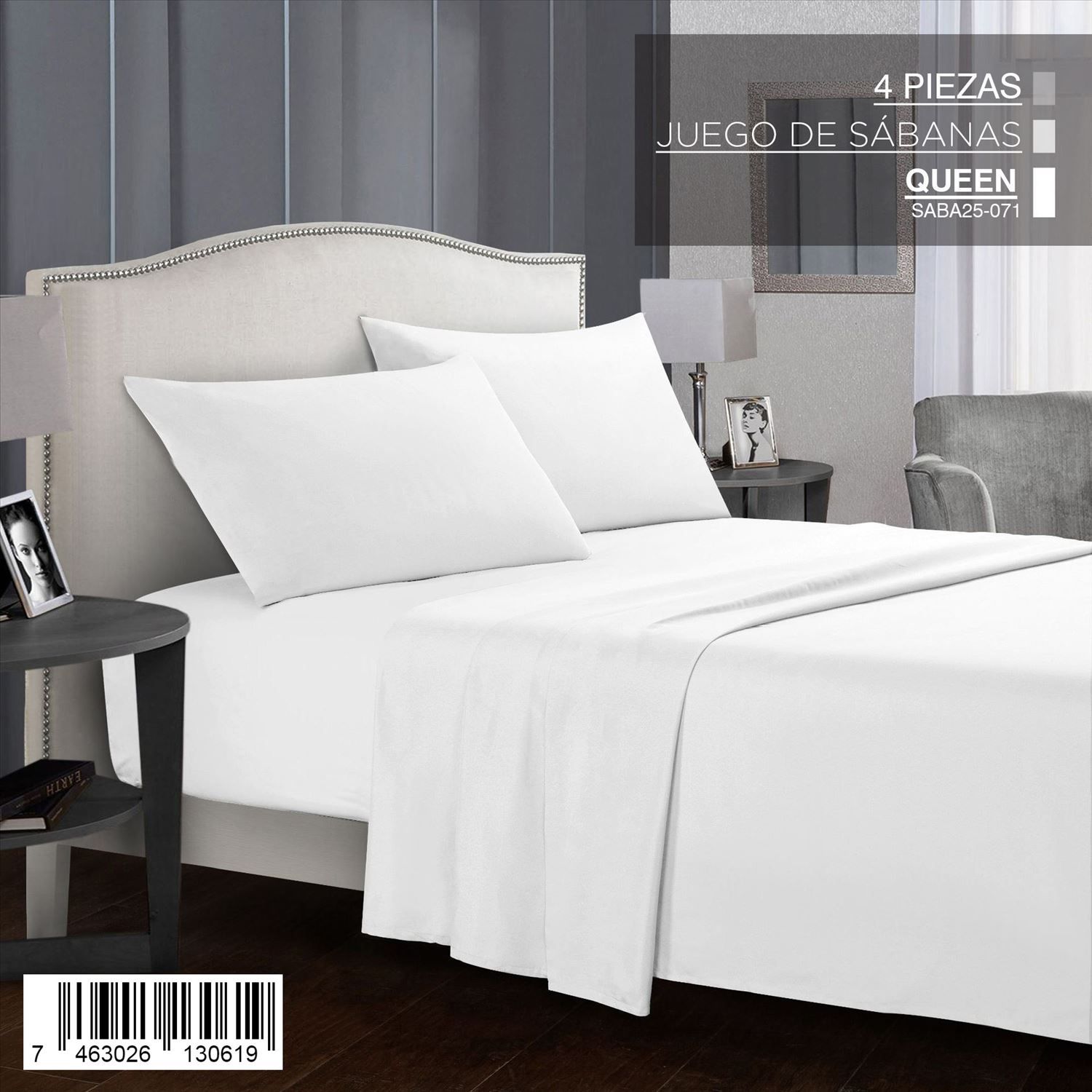 Juego de sábanas blancas de 4 piezas para cama Queen Size