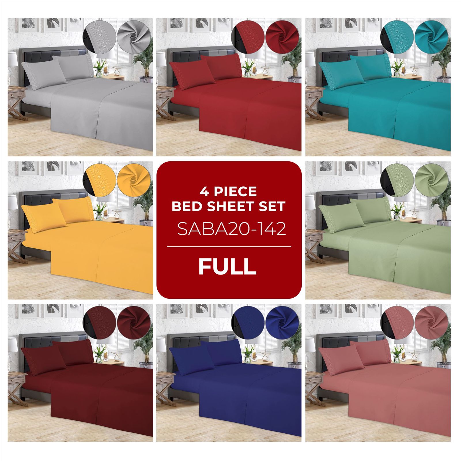 Juego de sábanas lisas de 4 piezas Full Size con detalle bordado - Imagen 9